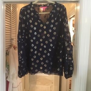 Lilly Pulitzer navy blue & gold silk top Size XL